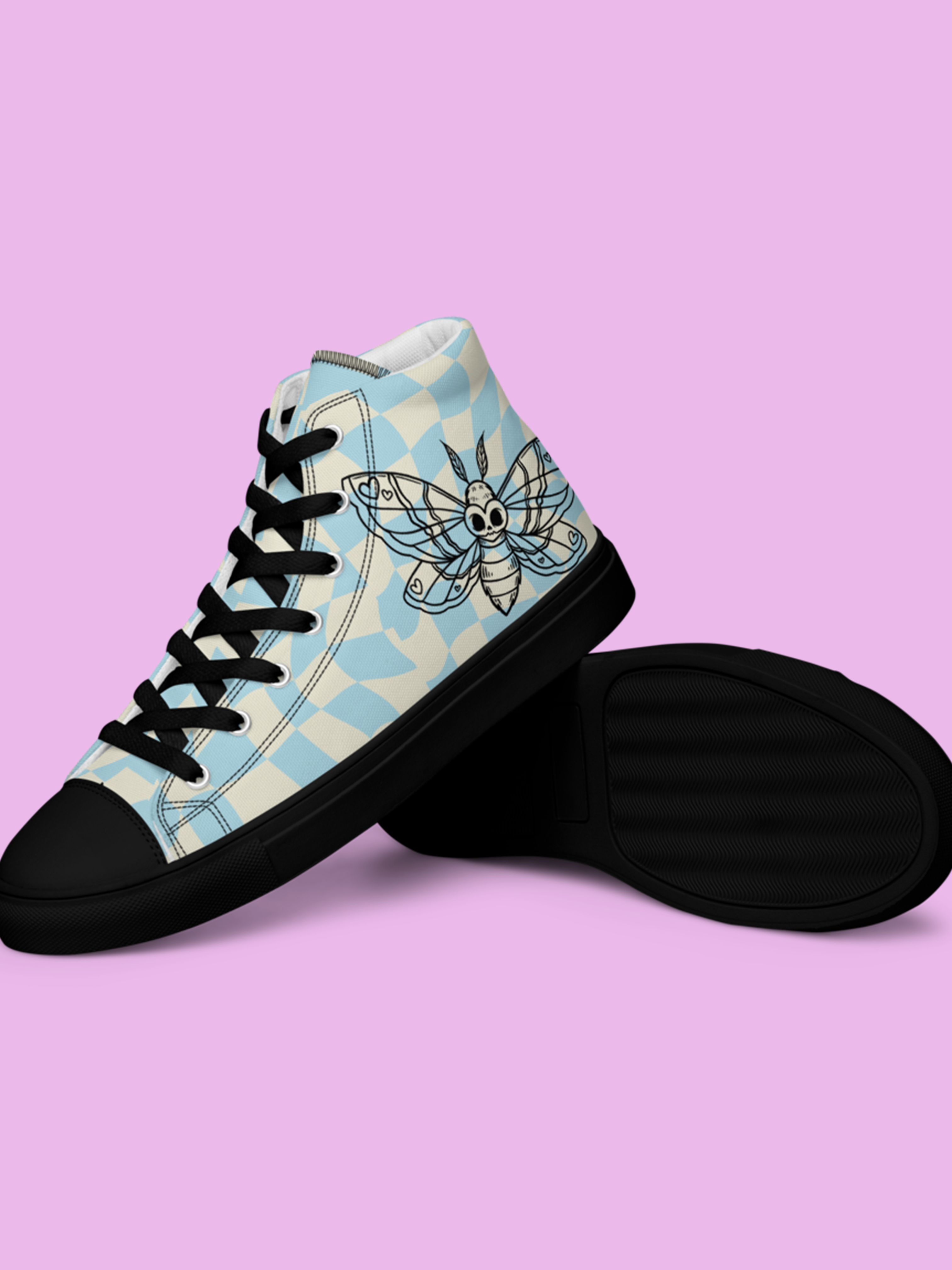Retro Blue Moth Canvas High-Top Women’s Shoes Black / 5