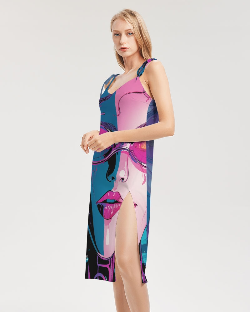 Cosmic Girl- Pink Blue Women's All-Over Print Tie Strap Split Dress