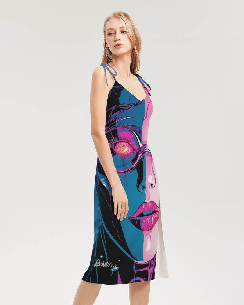 Cosmic Girl- Pink Blue Women's All-Over Print Tie Strap Split Dress