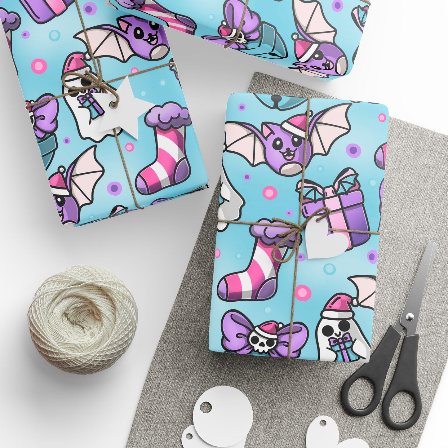 Wrapping Paper - Kawaii Xmas Spooky Fun Playful Blue Holiday Gift Wrap, Christmas Presents, Cute Party Decor, Festive Packaging Supplies,