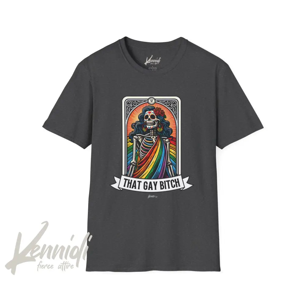 That Gay Bitch Skeleton Tarot Pride Unisex Softstyle T-Shirt Dark Heather / Xs