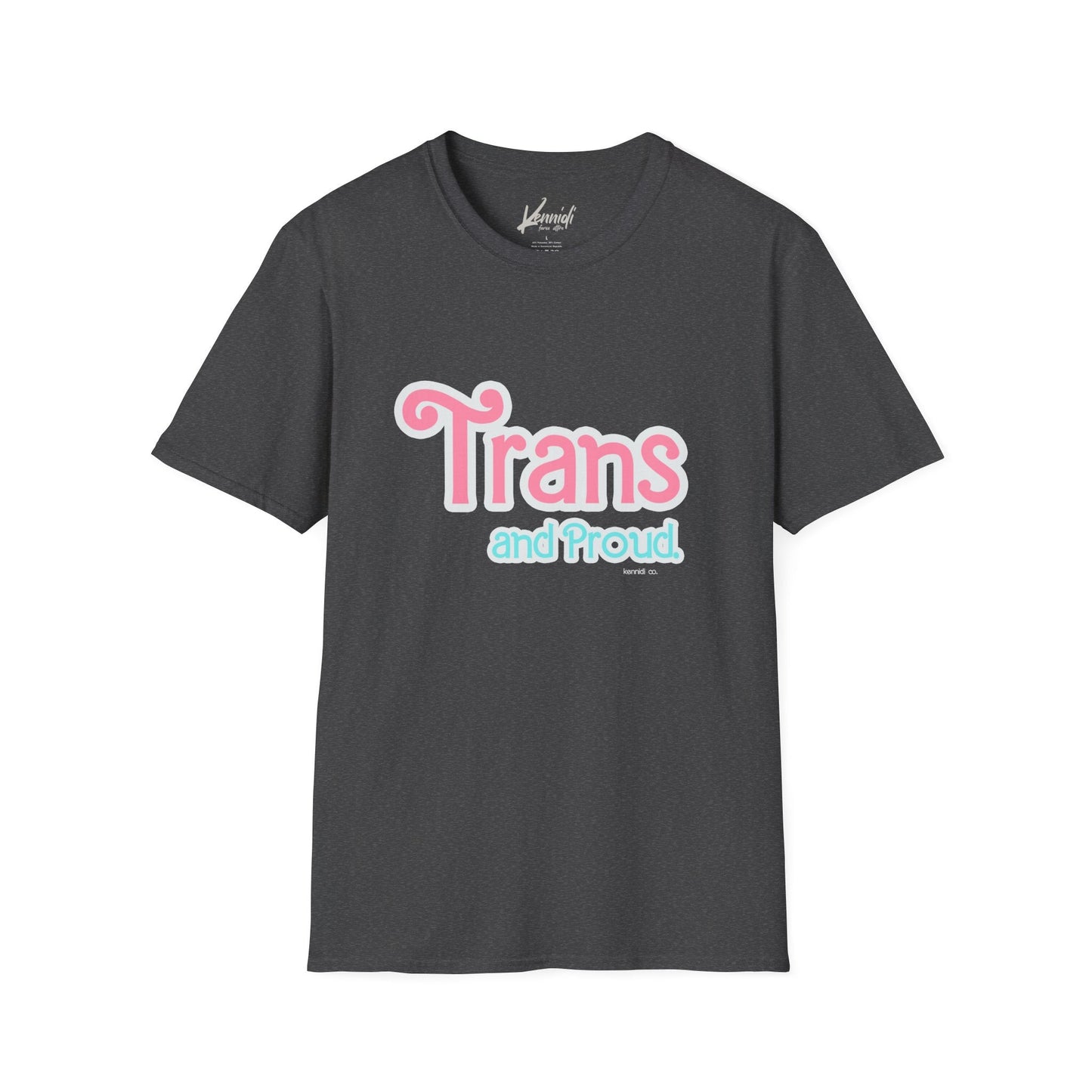 Trans And Proud Barbie Inspired Pride Unisex Softstyle T-Shirt Dark Heather / Xs