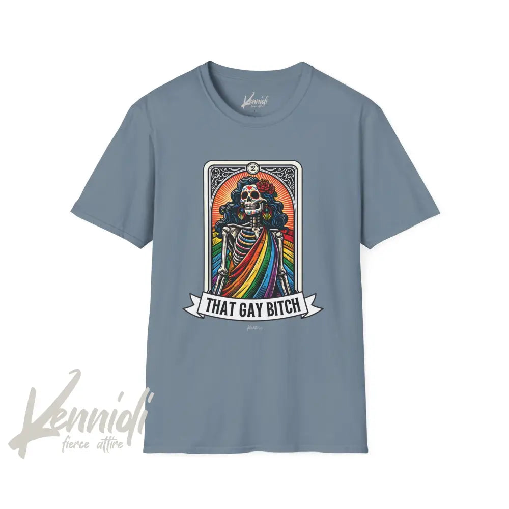 That Gay Bitch Skeleton Tarot Pride Unisex Softstyle T-Shirt Stone Blue / S