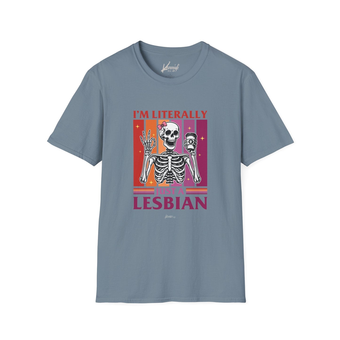 I’m Literally Just A Lesbian Skeleton Pride Unisex Softstyle T-Shirt Stone Blue / S