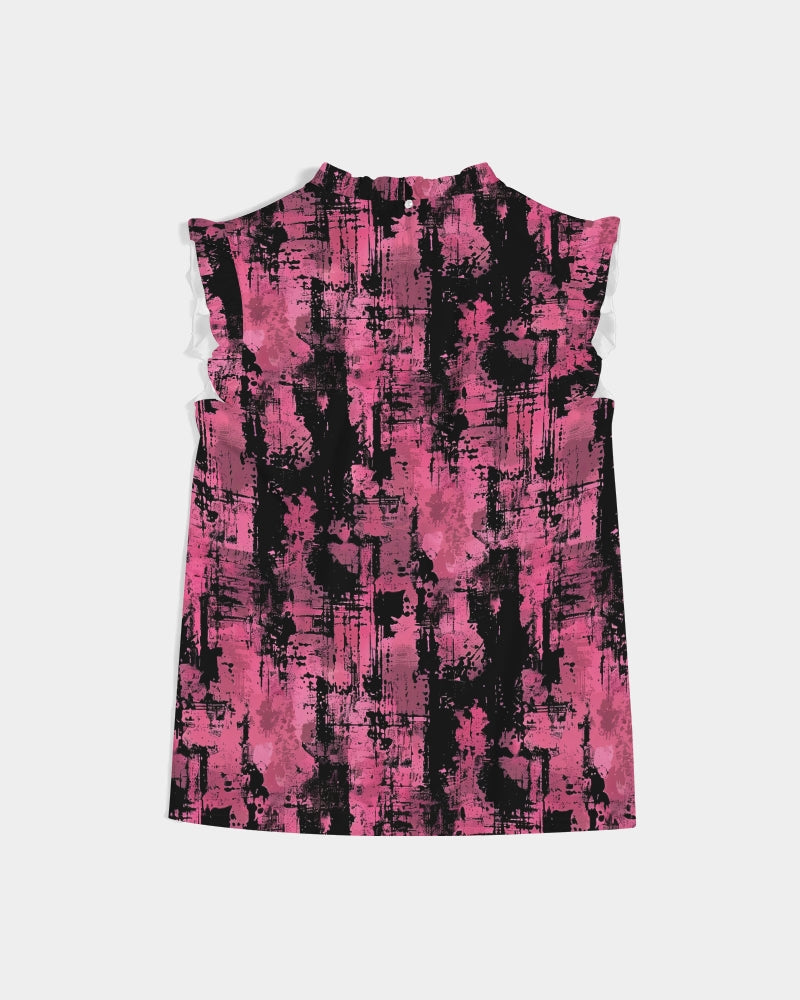 Pink Grunge Print Ruffle Sleeve Top