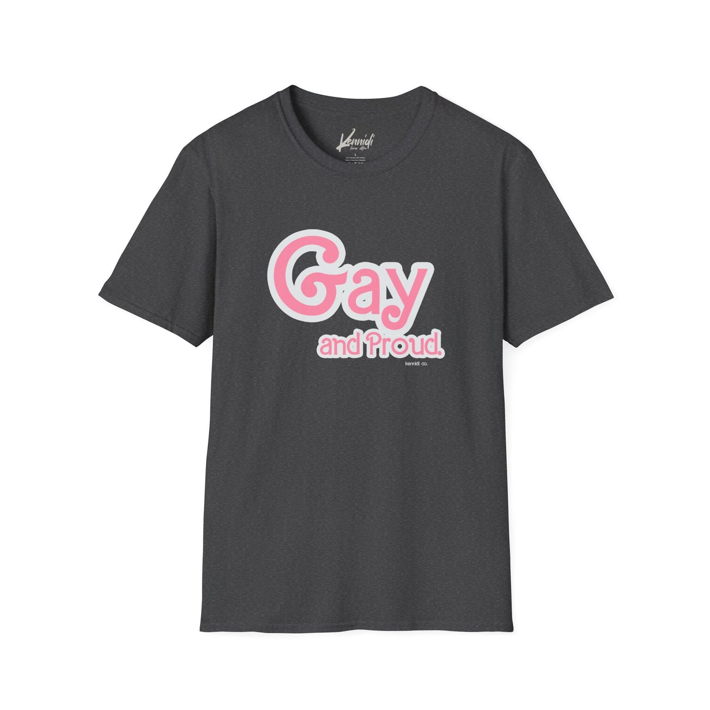 Gay And Proud Barbie Inspired Pride Unisex Softstyle T-Shirt Dark Heather / Xs