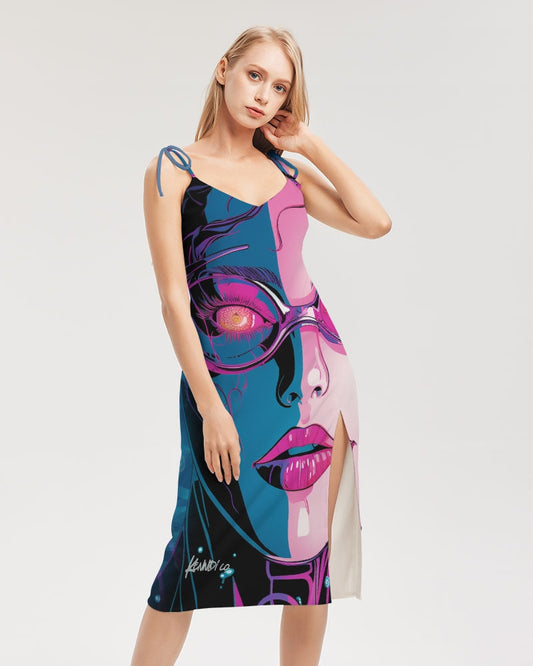 Cosmic Girl- Pink Blue Women's All-Over Print Tie Strap Split Dress