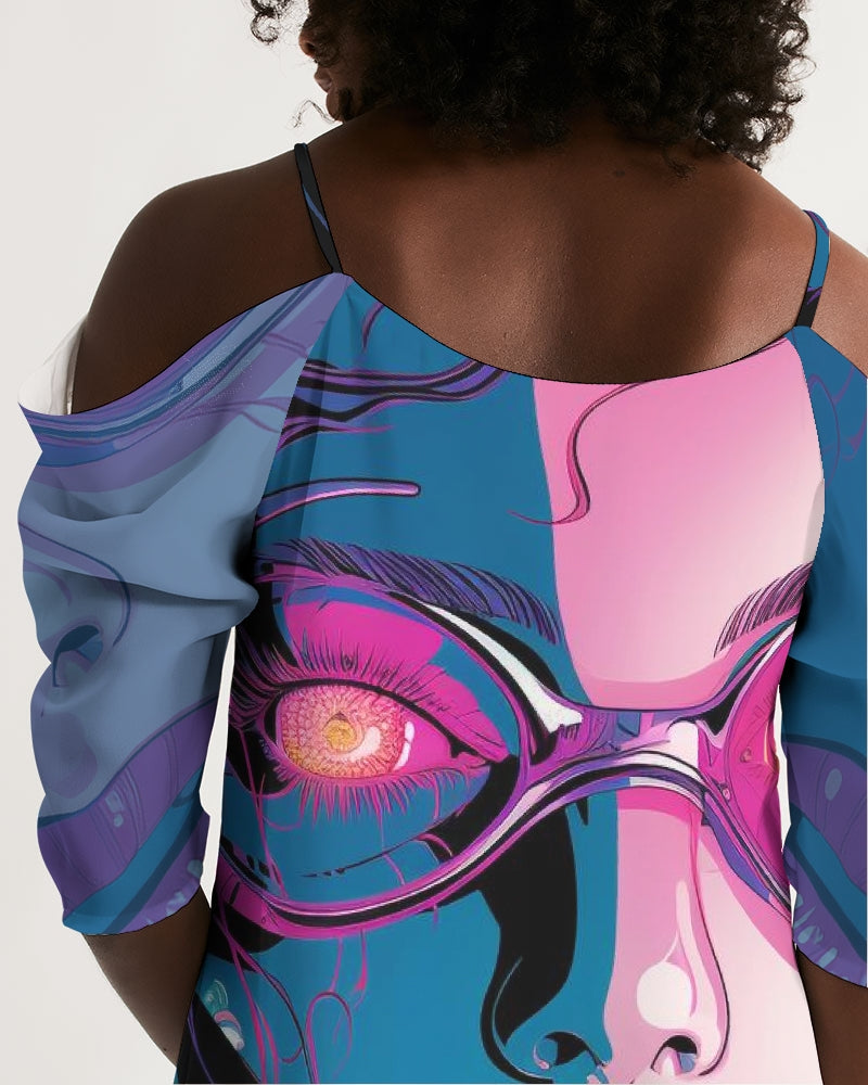 Blue Pink Cosmic Girl Open Shoulder A-Line Dress