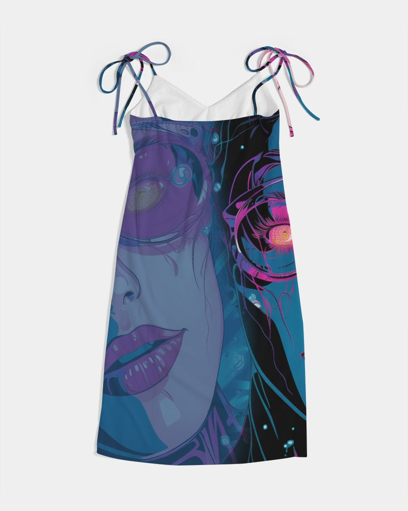 Cosmic Girl- Pink Blue Women's All-Over Print Tie Strap Split Dress