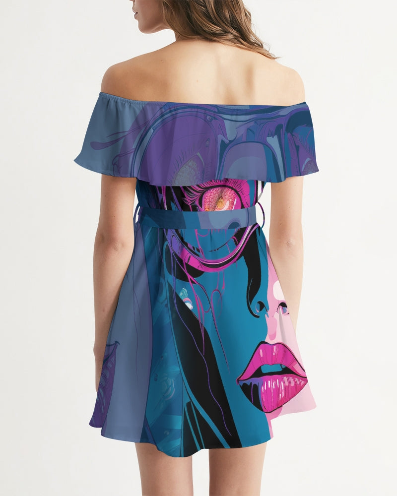 Cosmic Girl- Pink Blue Women's All-Over Print Off-Shoulder Dress