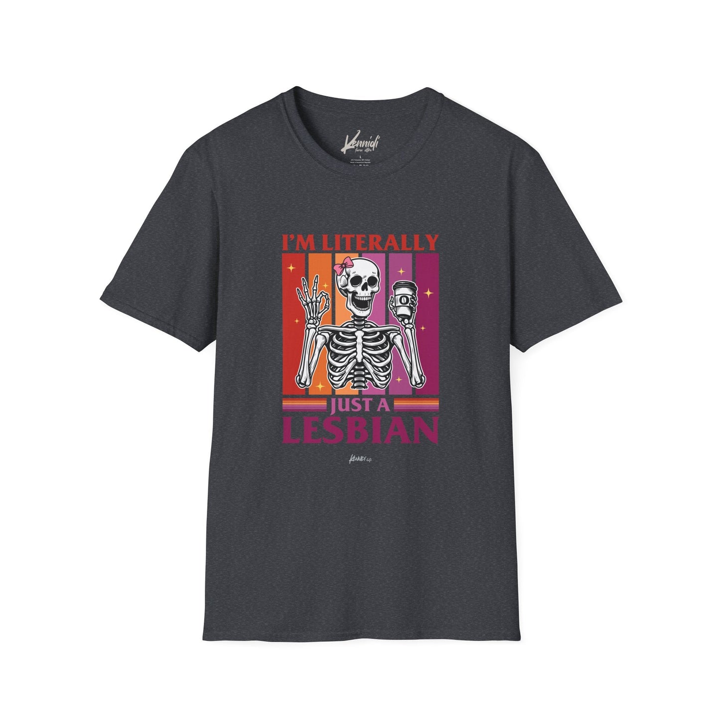 I’m Literally Just A Lesbian Skeleton Pride Unisex Softstyle T-Shirt Dark Heather Grey / Xs