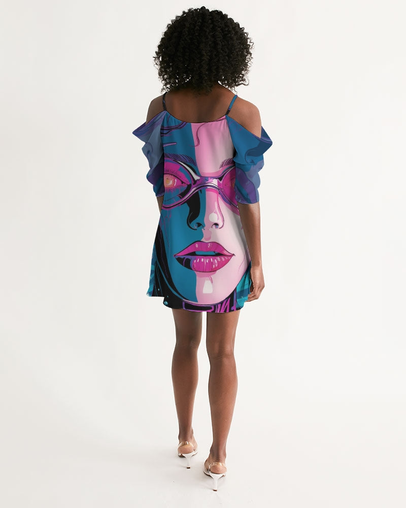 Blue Pink Cosmic Girl Open Shoulder A-Line Dress