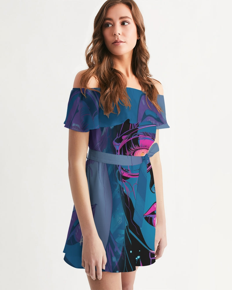 Cosmic Girl- Pink Blue Women's All-Over Print Off-Shoulder Dress