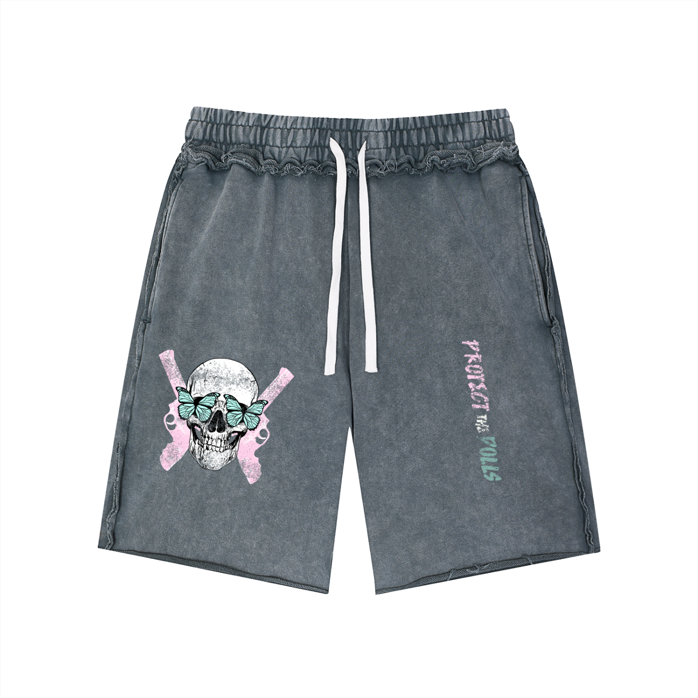 Protect The Dolls Skull Butterfly Unisex Mineral Wash Raw Edge Shorts