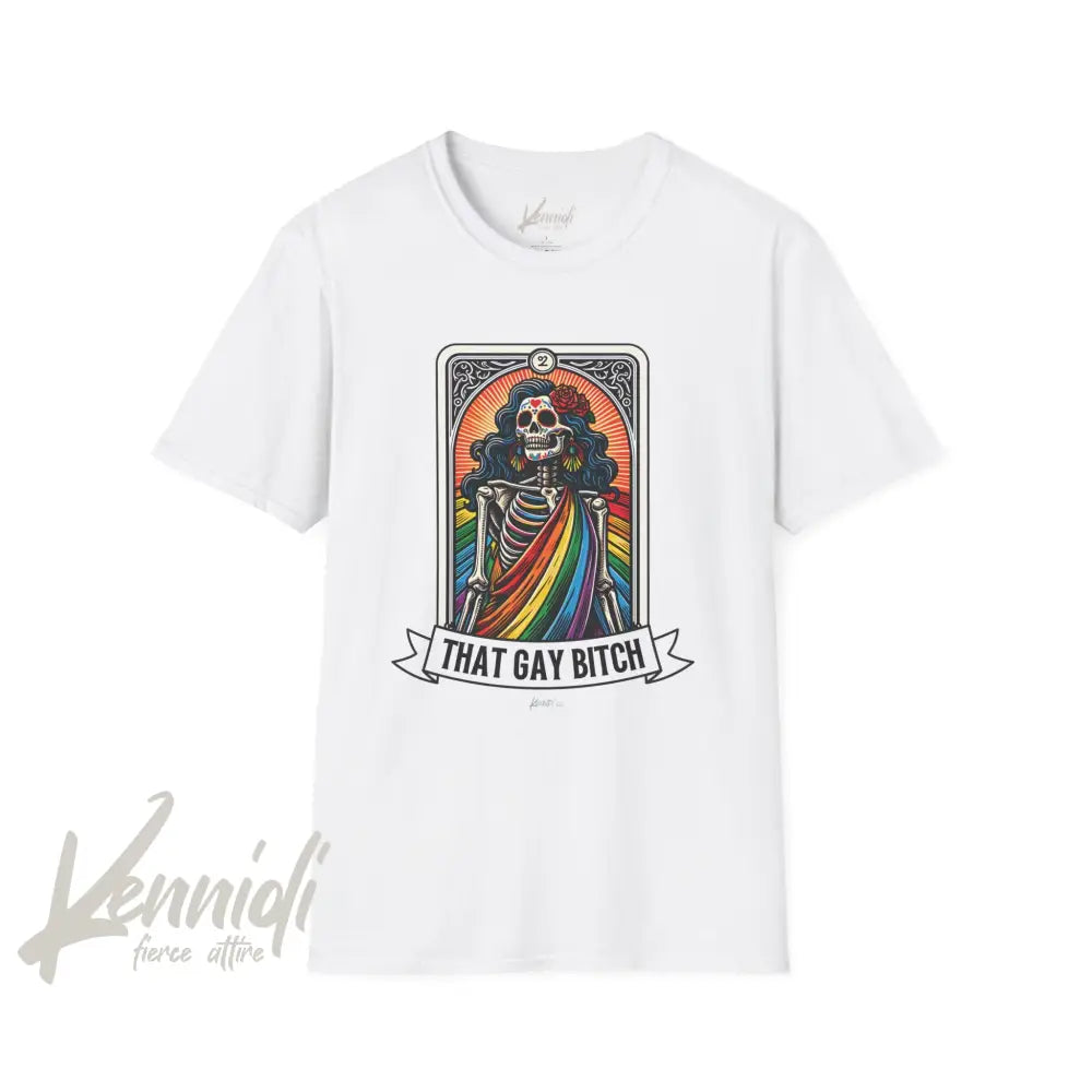 That Gay Bitch Skeleton Tarot Pride Unisex Softstyle T-Shirt White / Xs