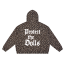 A cropped hoodie with a brown and black leopard print pattern, featuring the text 'Protect the Dolls' in a white Gothic font on the back.