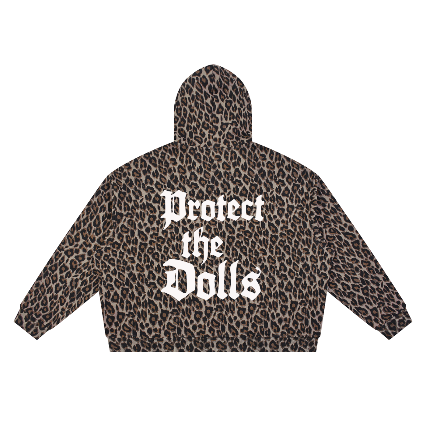 A cropped hoodie with a brown and black leopard print pattern, featuring the text 'Protect the Dolls' in a white Gothic font on the back.