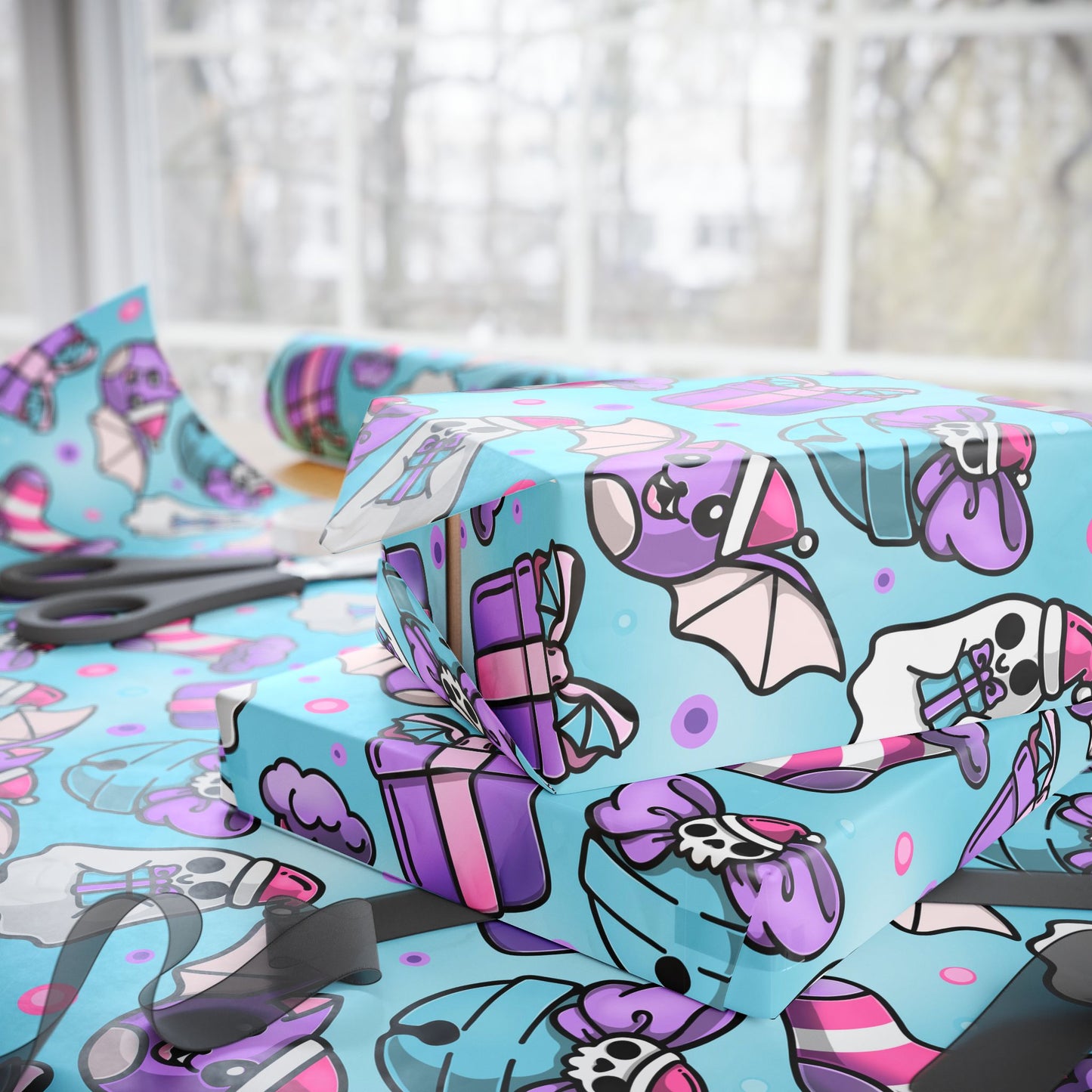 Wrapping Paper - Kawaii Xmas Spooky Fun Playful Blue Holiday Gift Wrap, Christmas Presents, Cute Party Decor, Festive Packaging Supplies,