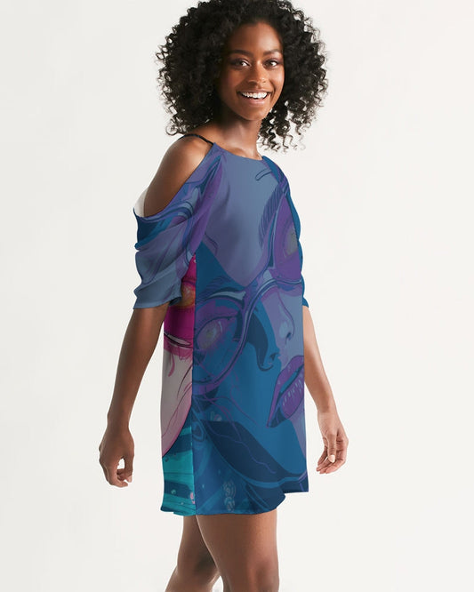 Blue Pink Cosmic Girl Open Shoulder A-Line Dress