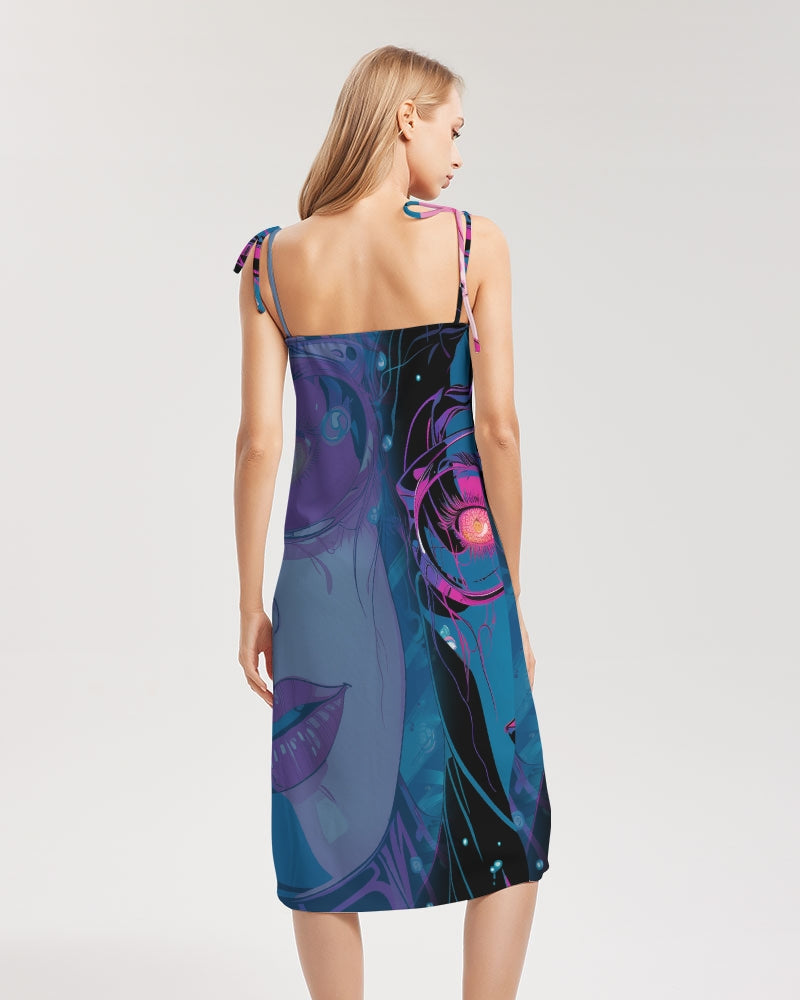 Cosmic Girl- Pink Blue Women's All-Over Print Tie Strap Split Dress