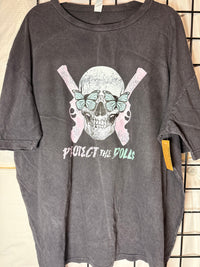 Protect the Dolls Vintage Crewneck Tee — Reclaimed Skull & Pistols with Turquoise Butterflies