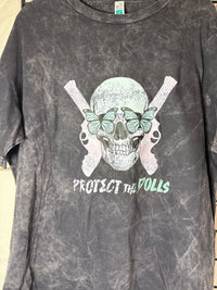 Protect the Dolls Vintage Crewneck Tee — Reclaimed Skull & Pistols with Turquoise Butterflies