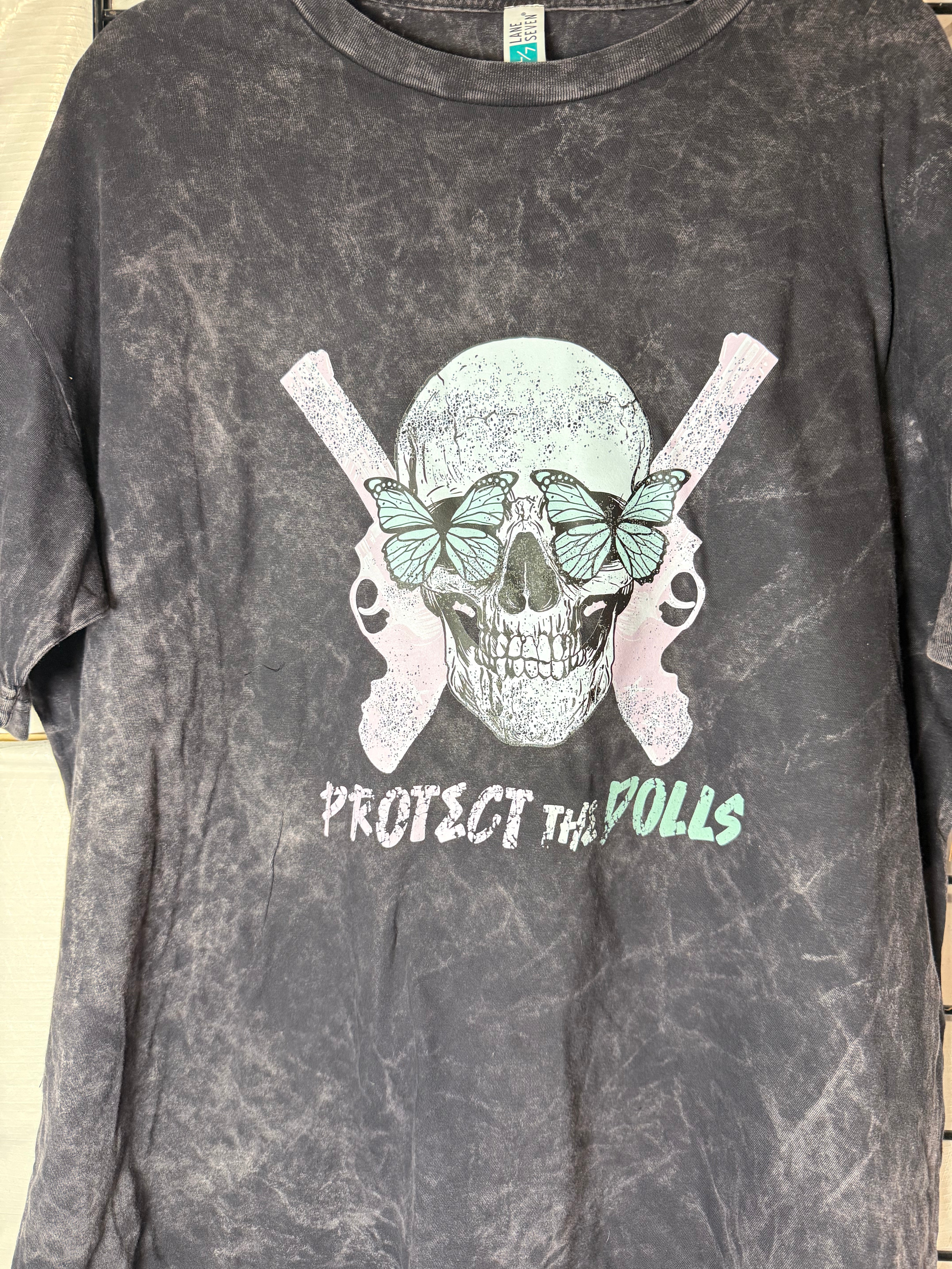 Protect the Dolls Vintage Crewneck Tee — Reclaimed Skull & Pistols with Turquoise Butterflies