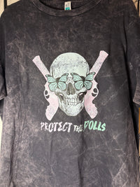 Protect the Dolls Vintage Crewneck Tee — Reclaimed Skull & Pistols with Turquoise Butterflies