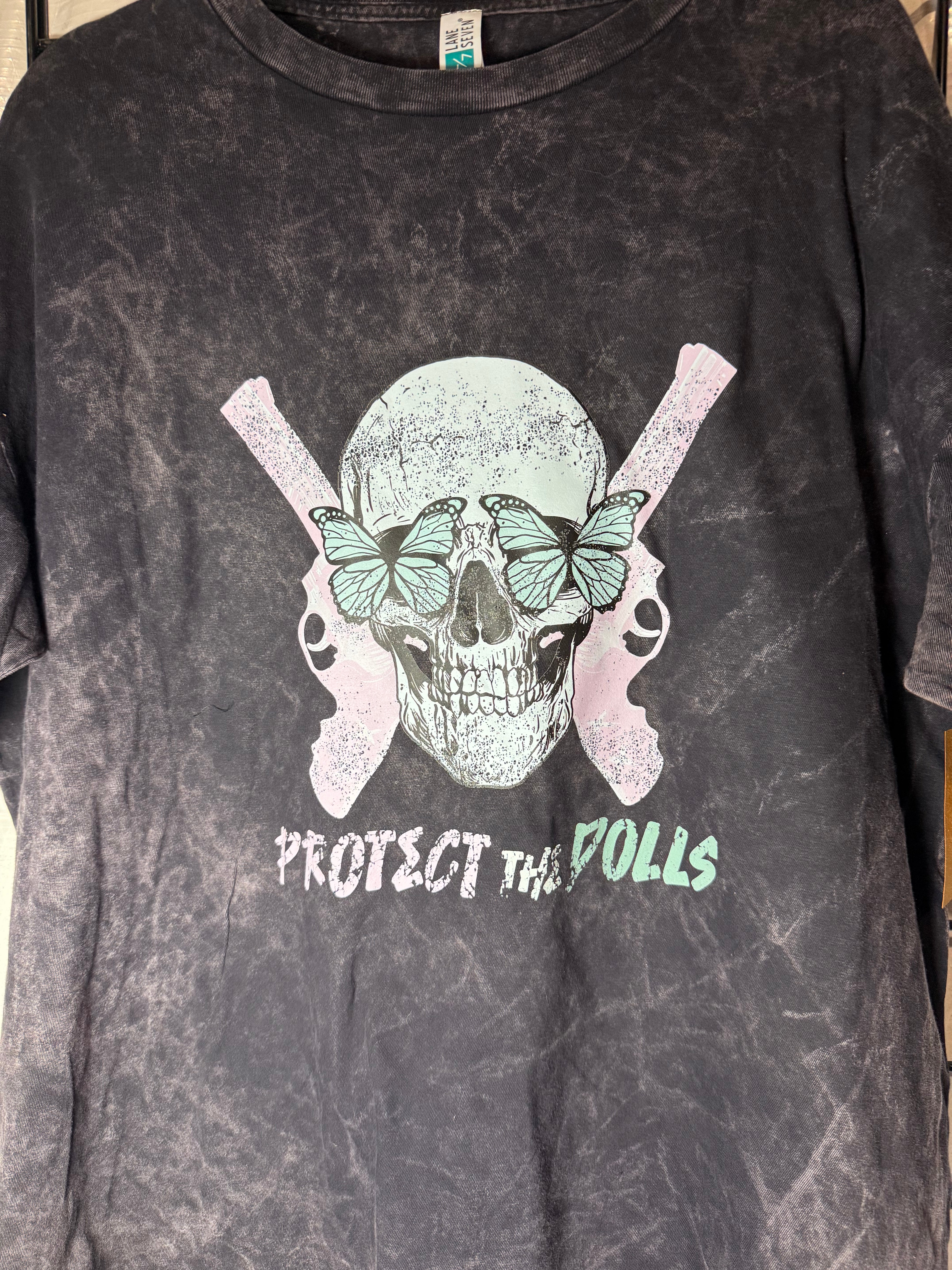 Protect the Dolls Vintage Crewneck Tee — Reclaimed Skull & Pistols with Turquoise Butterflies