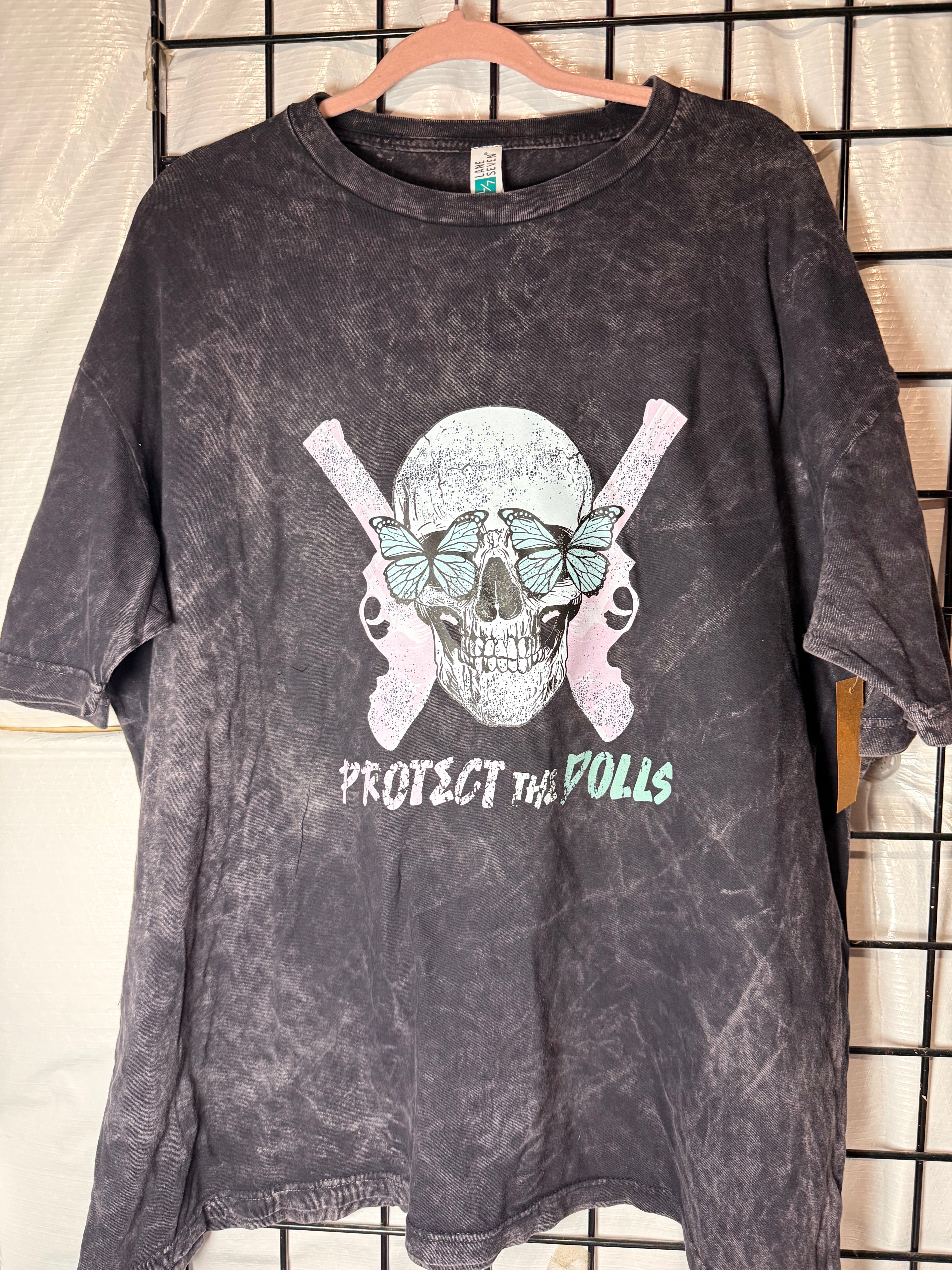 Protect the Dolls Vintage Crewneck Tee — Reclaimed Skull & Pistols with Turquoise Butterflies