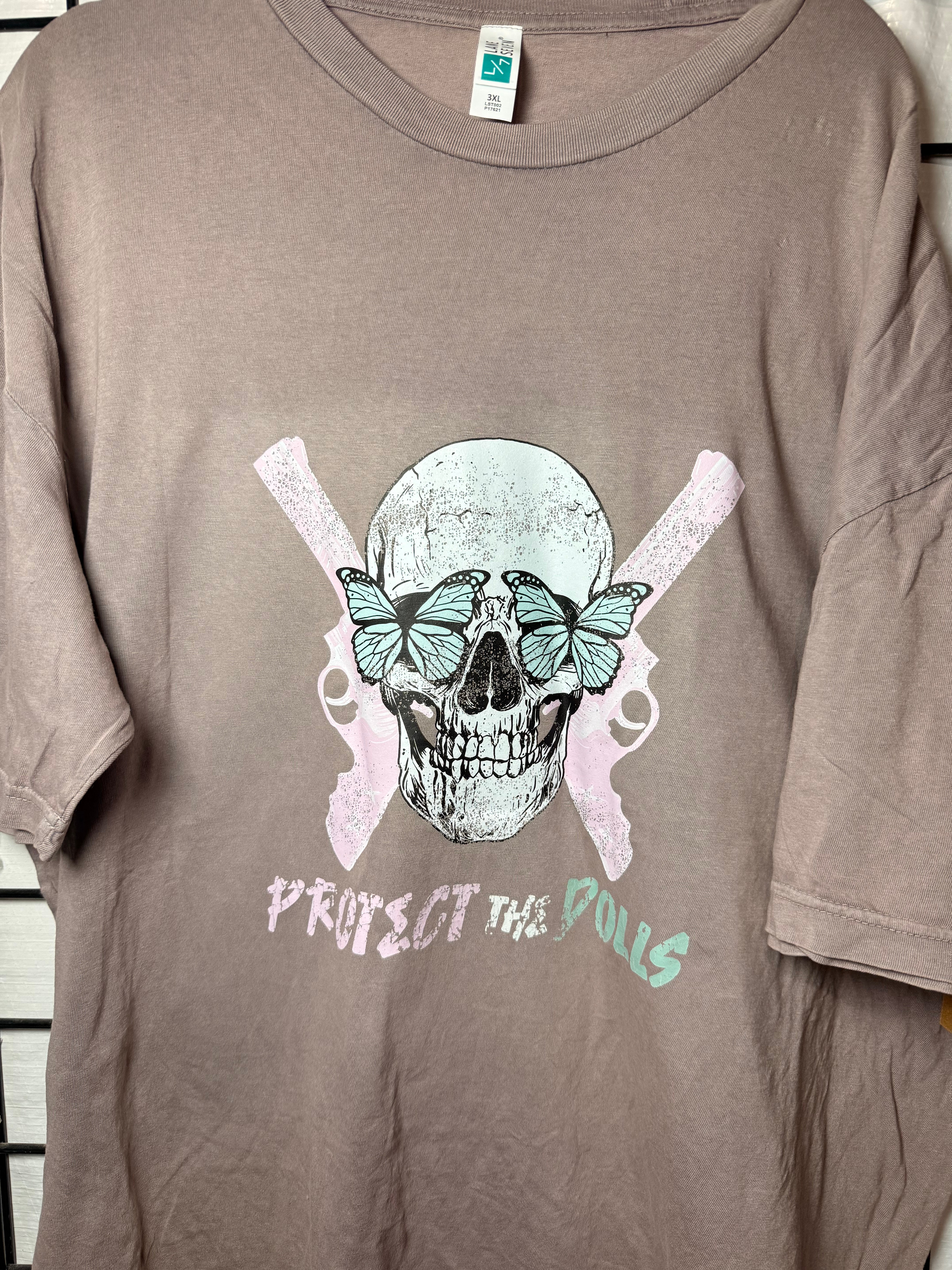 Protect the Dolls Vintage Crewneck Tee — Reclaimed Skull & Pistols with Turquoise Butterflies