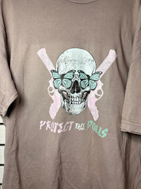 Protect the Dolls Vintage Crewneck Tee — Reclaimed Skull & Pistols with Turquoise Butterflies