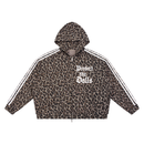 A cropped zip-up hoodie featuring a brown and black leopard print pattern, white double stripes down the sleeves, and 'Protect the Dolls' printed in white gothic font on the chest.