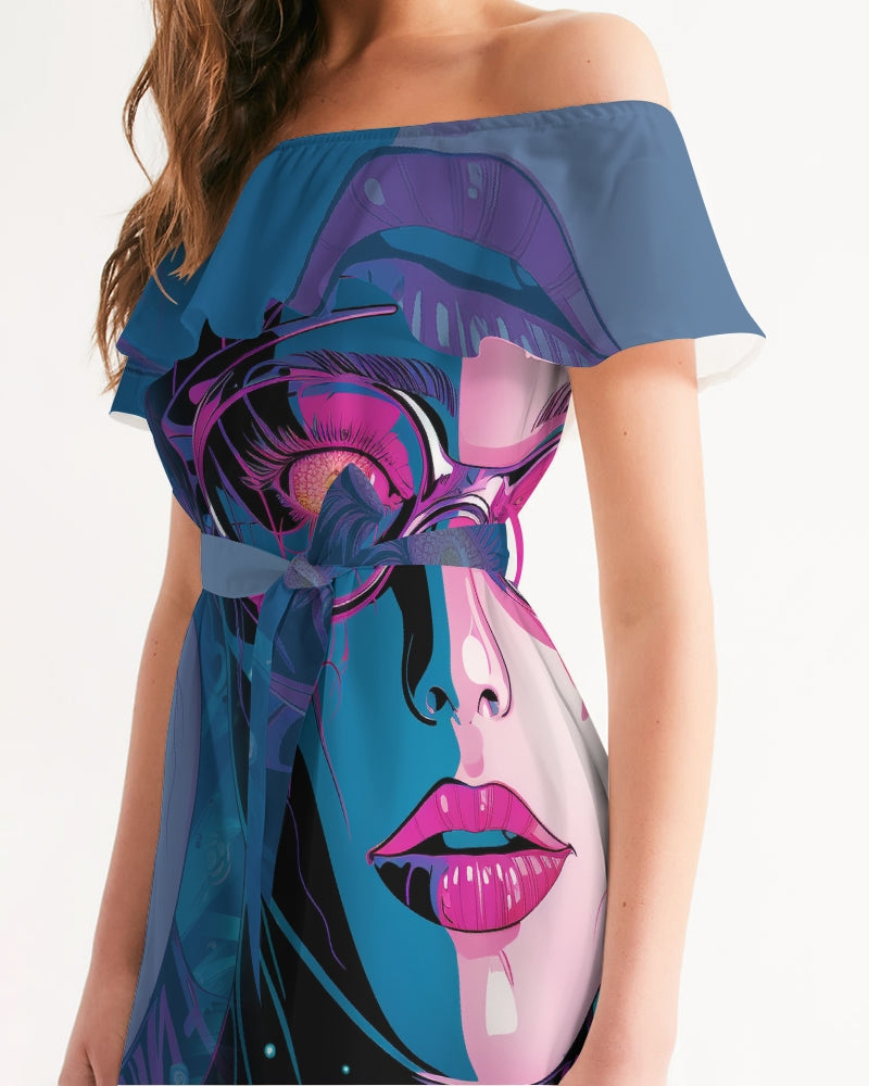 Cosmic Girl- Pink Blue Women's All-Over Print Off-Shoulder Dress