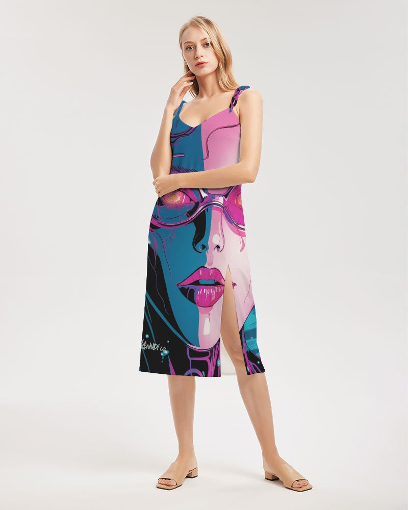 Cosmic Girl- Pink Blue Women's All-Over Print Tie Strap Split Dress