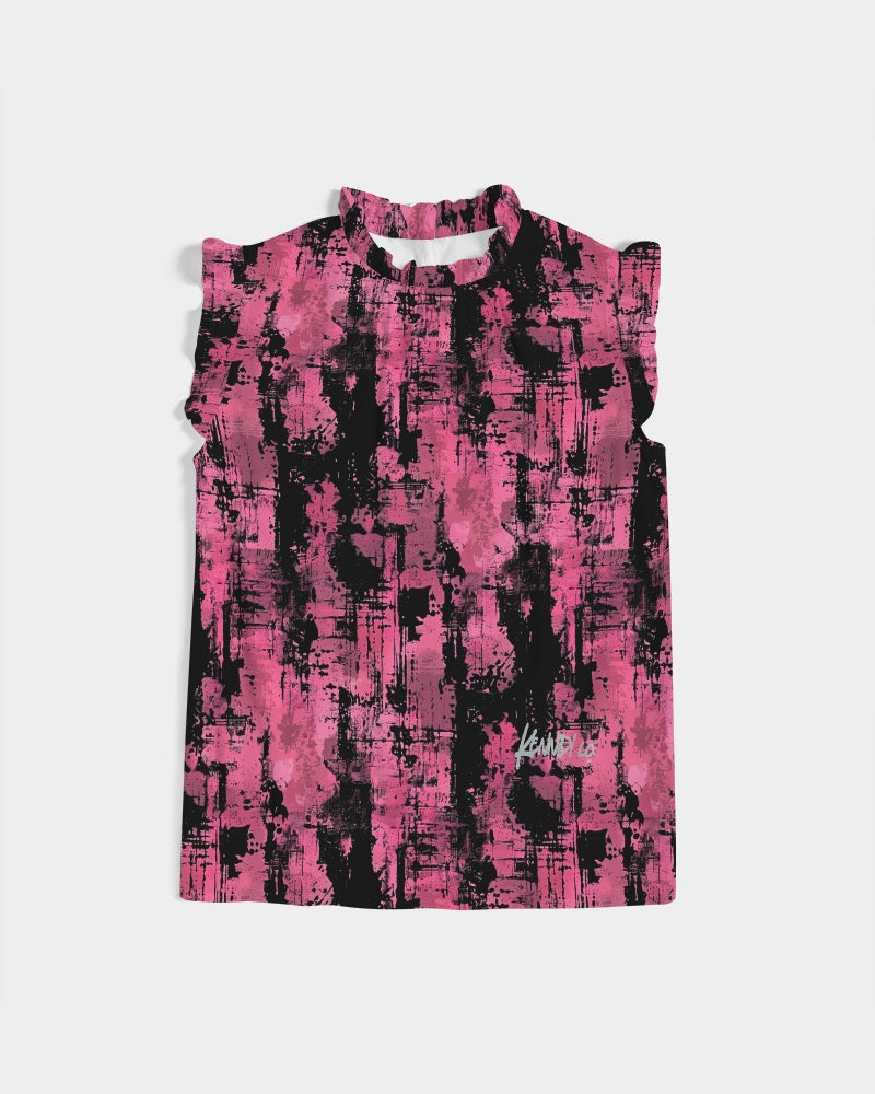 Pink Grunge Print Ruffle Sleeve Top