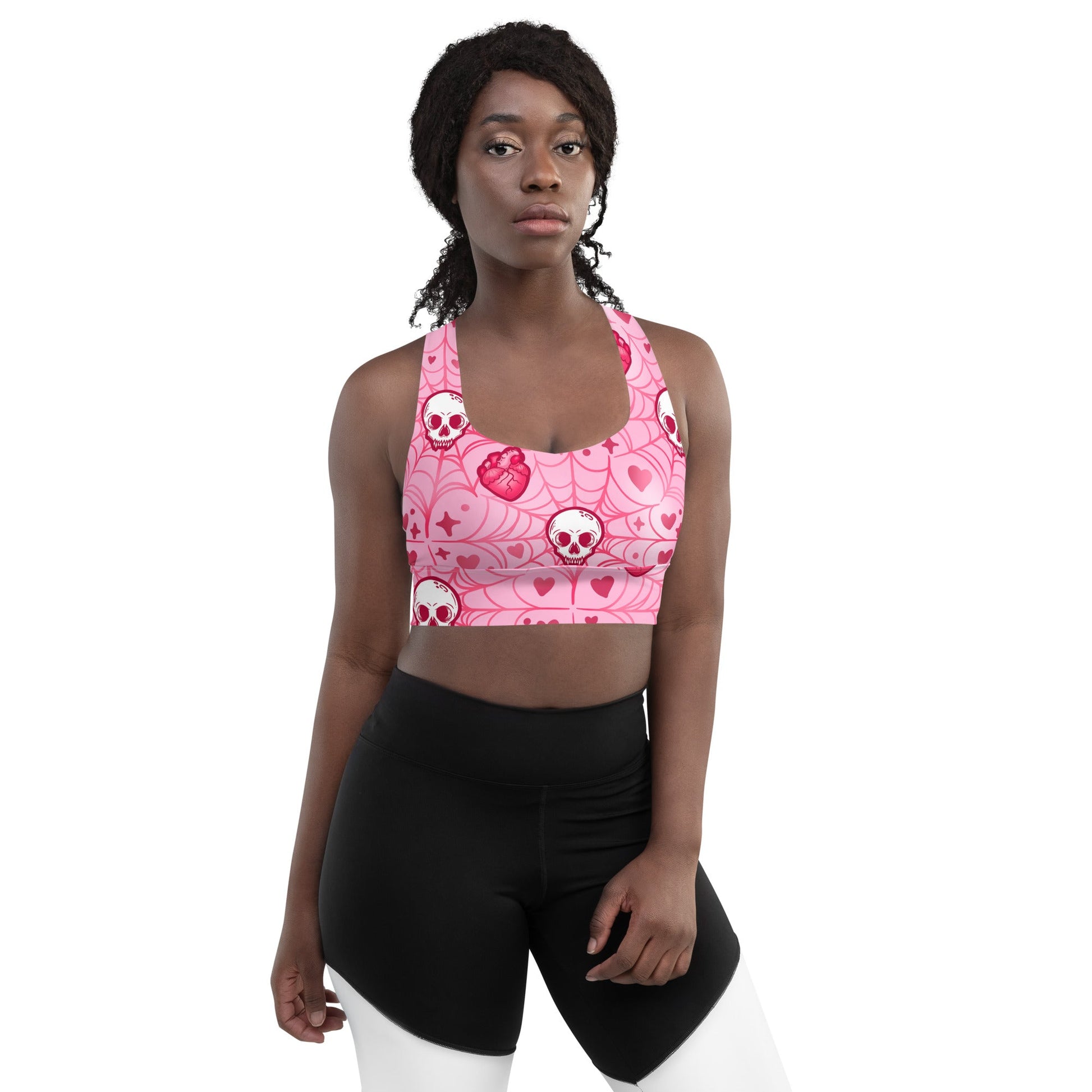 Pretty in Pink Heart & Skull Sports Bra: Fitness Ready Streetwear Chic!