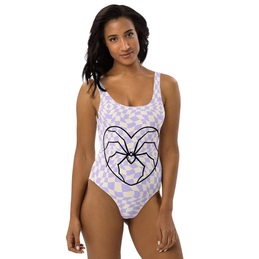 Purple Retro Spider Heart One - Piece Swimsuit - XS