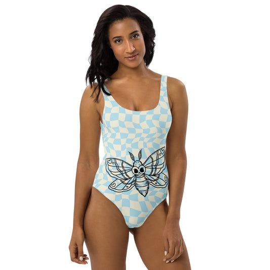 Blue Retro Moth Heart One - Piece Swimsuit - XS