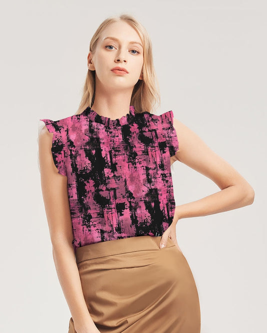 Pink Grunge Print Ruffle Sleeve Top