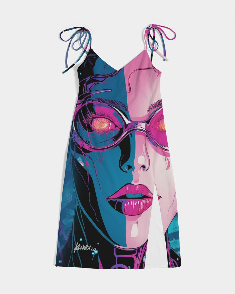 Cosmic Girl- Pink Blue Women's All-Over Print Tie Strap Split Dress