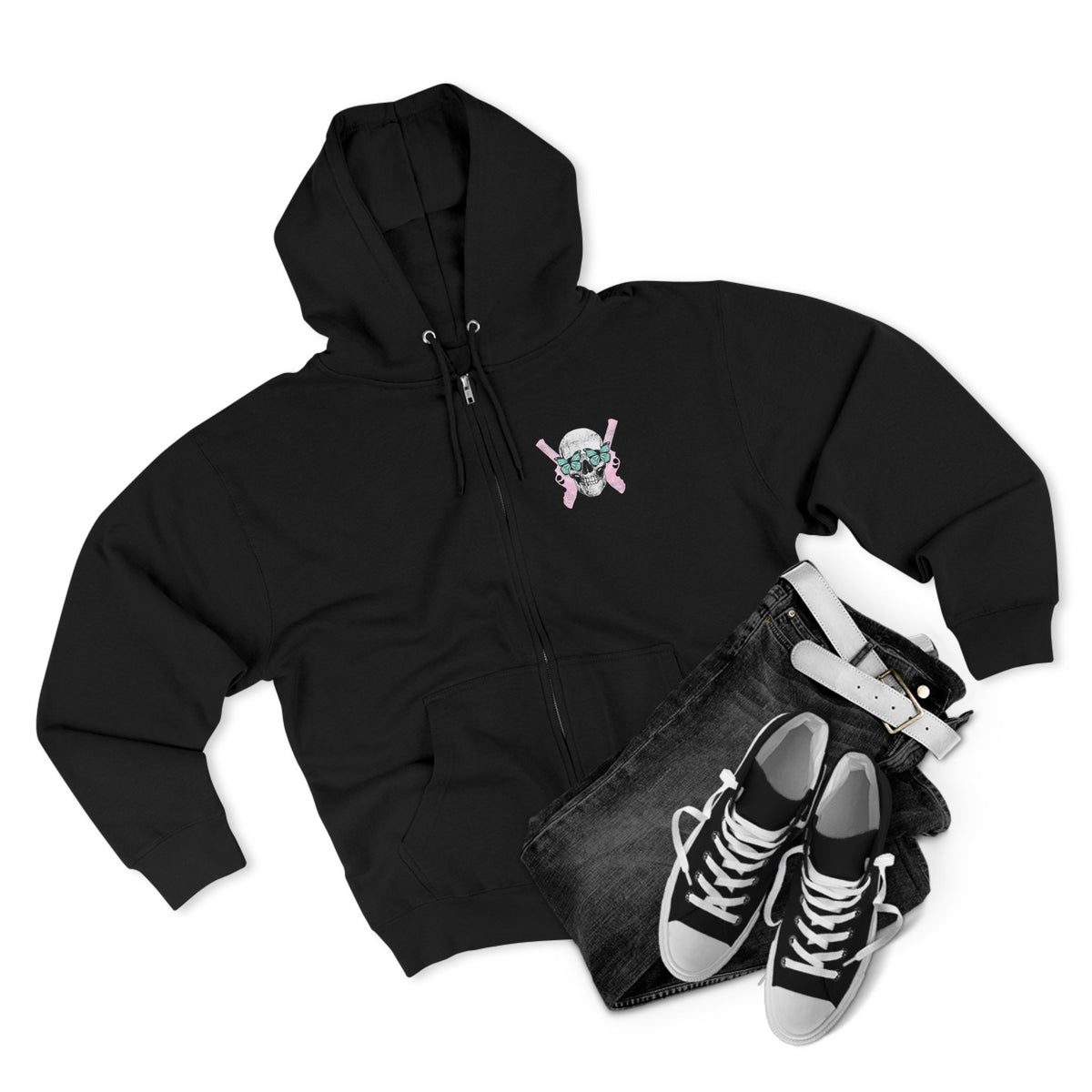 Protect the Dolls Zip Hoodie — Pink Skull & Crossed Guns Trans Rights Hoodie