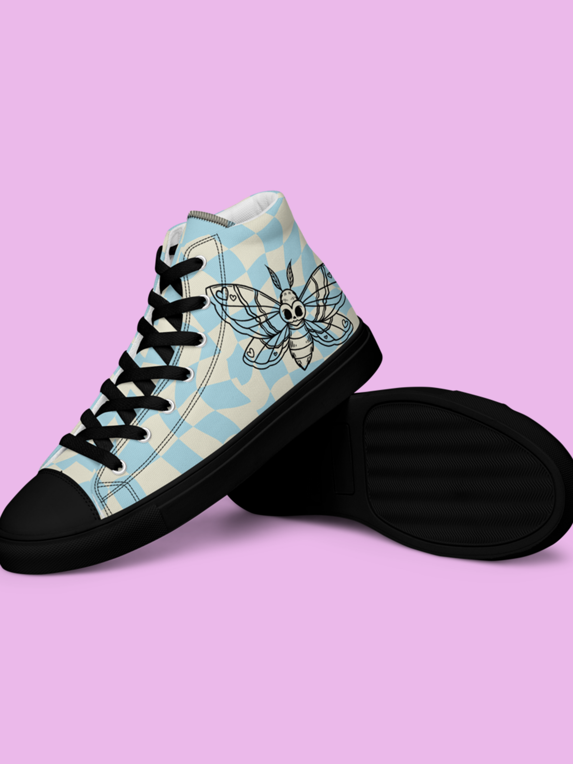 Retro Blue Moth Canvas High-Top Women’s Shoes Black / 5