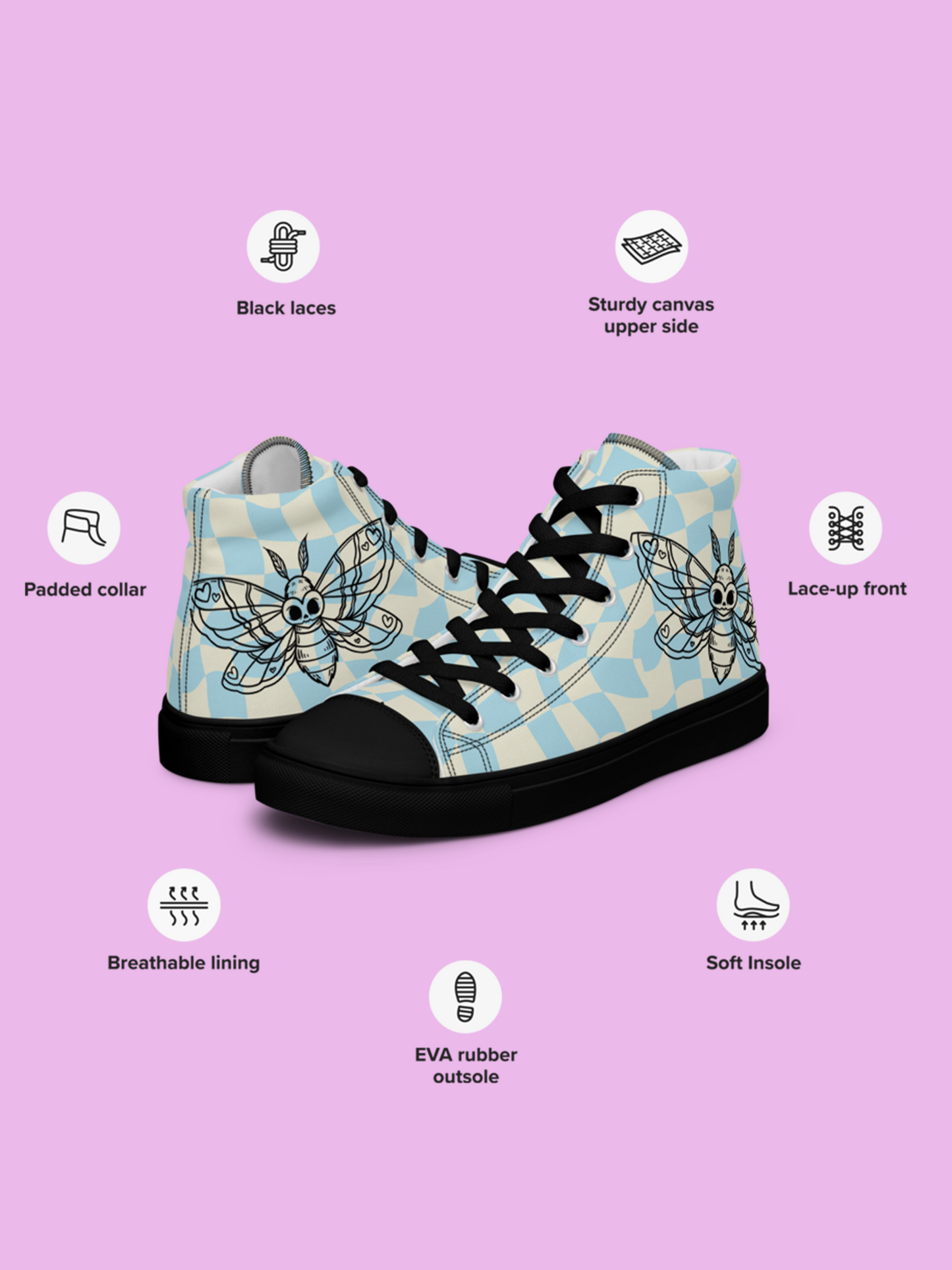 Retro Blue Moth Canvas High-Top Women’s Shoes