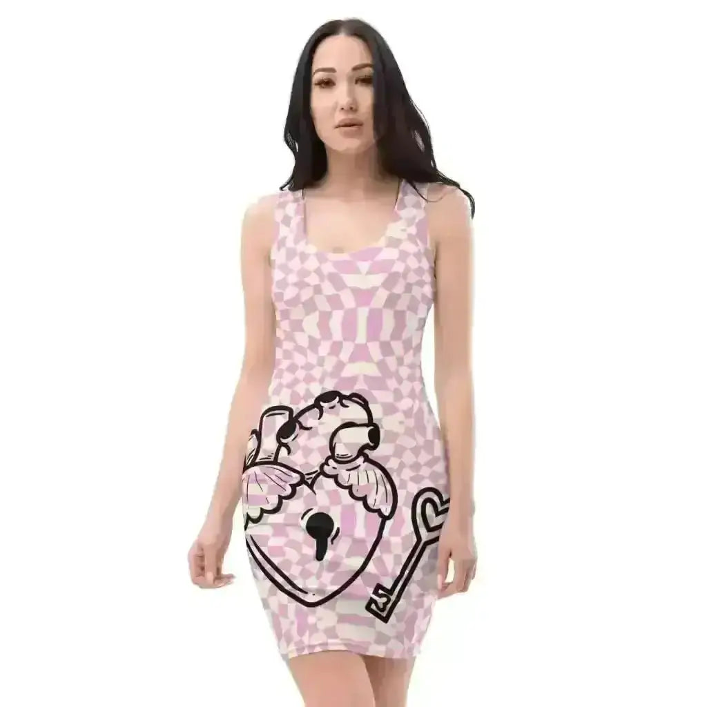 Pink Retro Locked Heart Fitted Dress: Rock Your Look! - Kennidi Fierce Attire