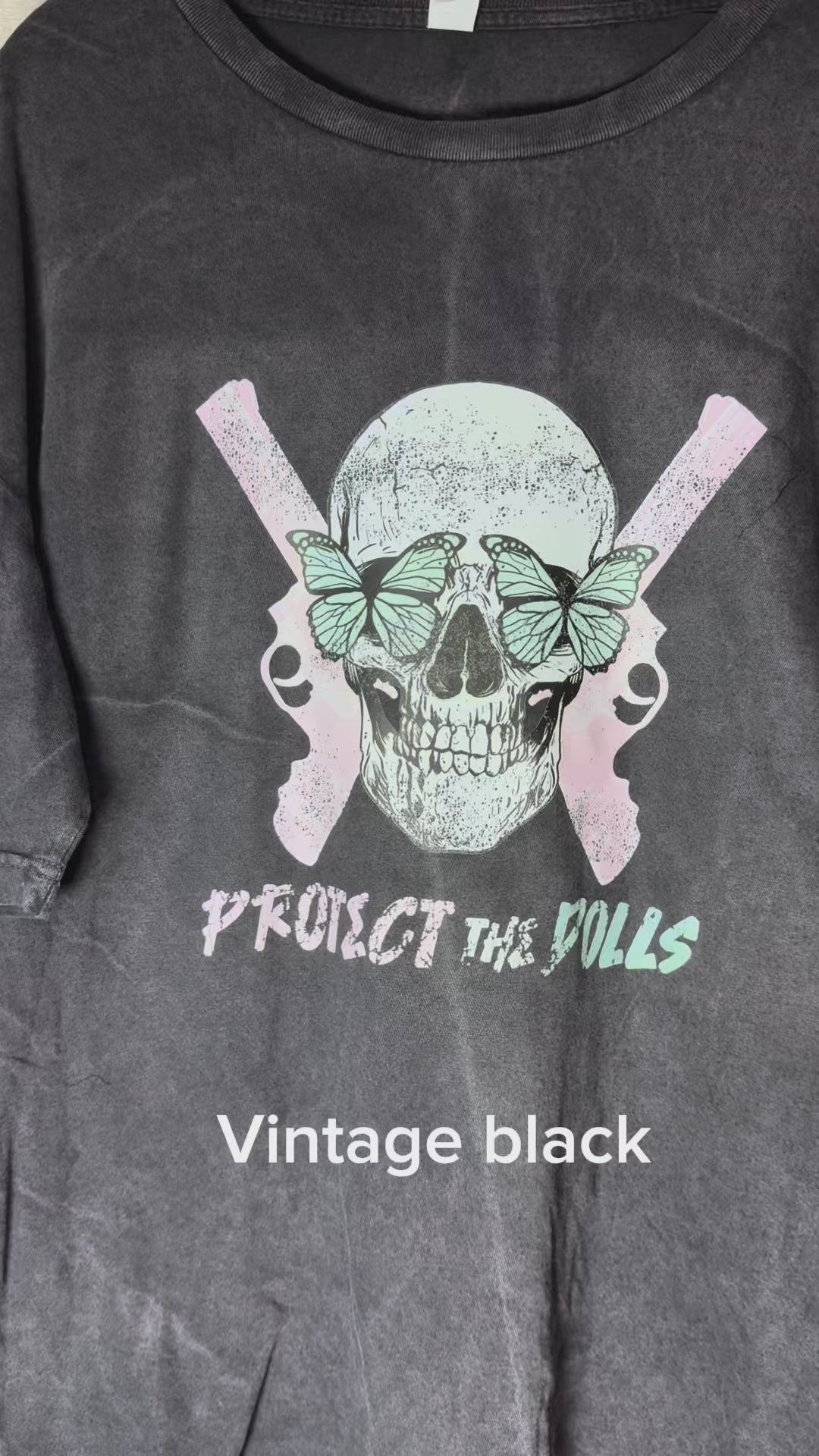 Protect the Dolls Vintage Crewneck Tee — Reclaimed Skull & Pistols with Turquoise Butterflies