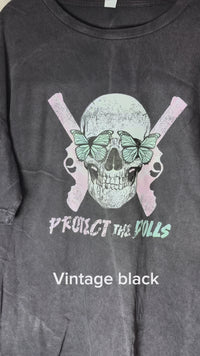 Protect the Dolls Vintage Crewneck Tee — Reclaimed Skull & Pistols with Turquoise Butterflies