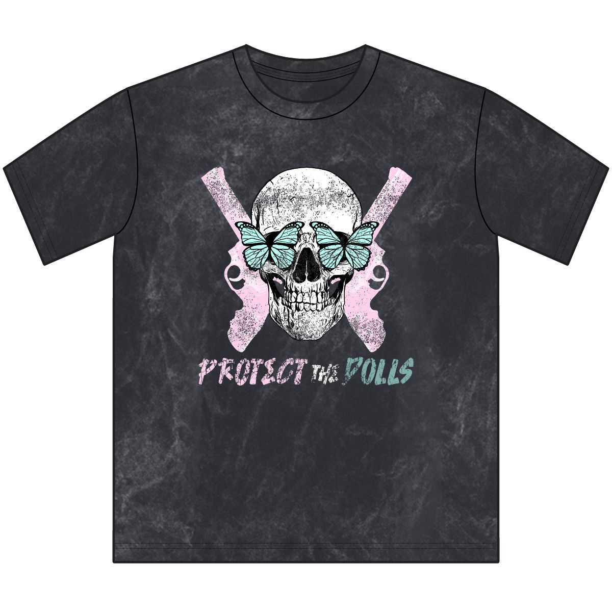 Protect the Dolls Vintage Crewneck Tee — Reclaimed Skull & Pistols with Turquoise Butterflies