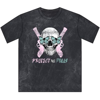 Protect the Dolls Vintage Crewneck Tee — Reclaimed Skull & Pistols with Turquoise Butterflies